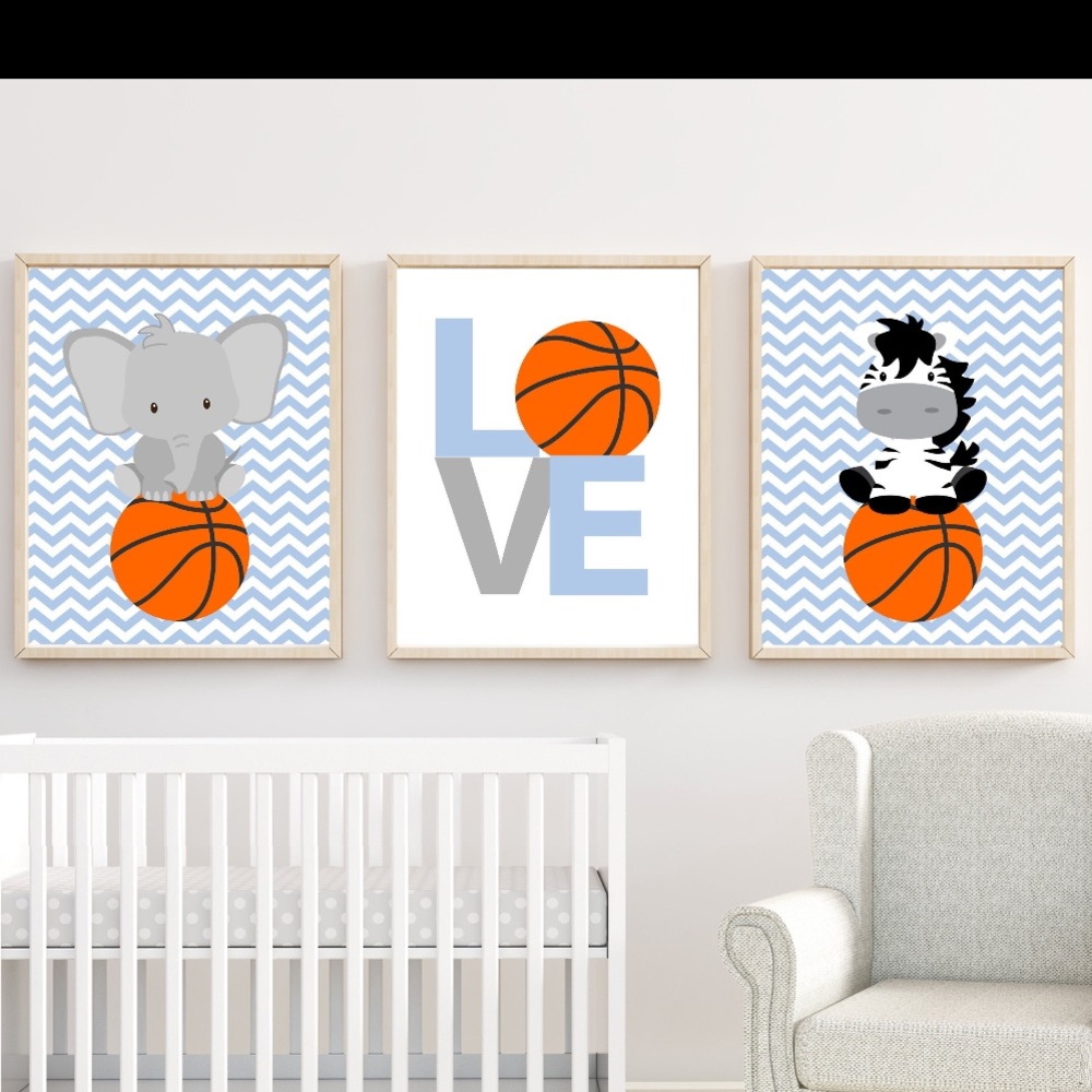 Nursery Wall Prints 16x20”, Basketball, Elephant Zebra theme